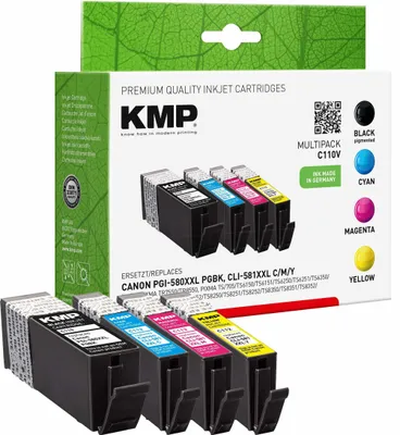 Image de KMP MULTIPACK C110V - Pack de 4 - taille XXL - noir, jaune, cyan, magenta - compatible - cartouche d'encre (alternative à : Canon CLI-581CXXL, Canon CLI-581MXXL, Canon CLI-581YXXL, Canon PGI-580PGBKXXL)