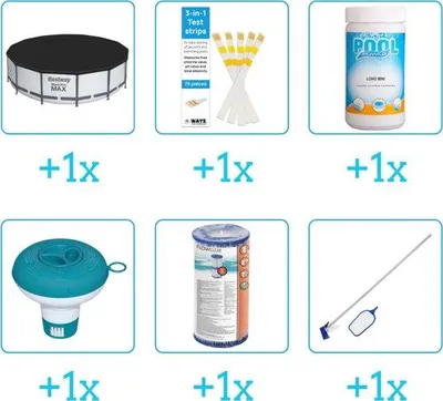 Produktbild von Schwimmbecken-Accessoires für Bestway Steel Pro MAX - 427x84 cm - Rund - Mit Filterpumpe - 56595 - Abdeckdach - Teststreifen - Chlor - Chlorfreisteller - Filter - Reinigungssatz