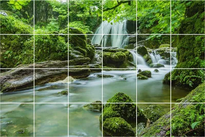 Produktbild von Fliesenaufkleber 15x15 cm – 24 Stück – Selbstklebend – Wasserfest – Pflegeleicht – Hitzebeständig – Für Küche & Bad – Wasserfall im grünen Wald