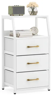 Immagine prodotto di Comodino COSTWAY con 3 cassetti in tessuto pieghevoli e struttura in metallo, mobiletto con ripiano aperto e kit antiscottatura, mobiletto stretto, bianco