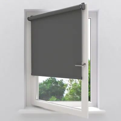 A close-up view of a dark gray roller blind installed on a white window frame. The window is open, revealing green trees and foliage outside.