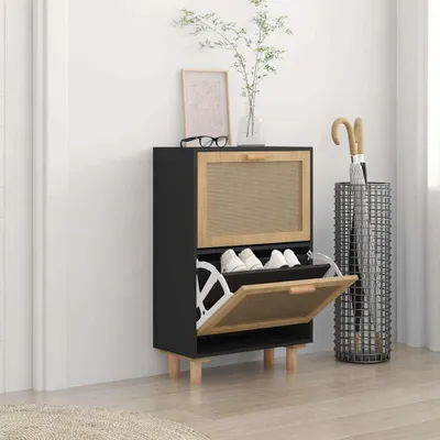 Produktbild von Schuhschrank aus Holz und Rattan, 52 x 25 x 80 cm, Schwarz