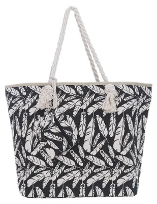Produktbild von Große Strandtasche Shopper mit Reißverschluss - Federn schwarz-beige