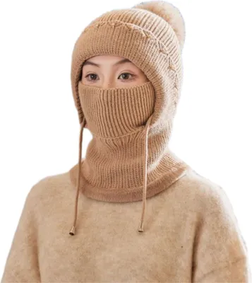 Produktbild von Winddichte Damen-Strickmütze mit Fleecefutter, 3-in-1-Kapuzenschal, Kopfbedeckung für kaltes Wetter, Skifahren, Wandern