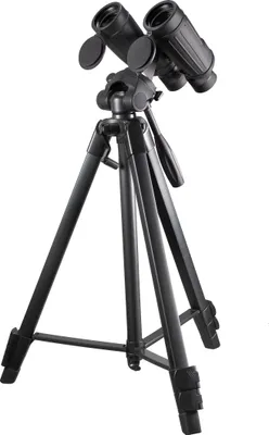 A pair of black binoculars mounted on a black tripod, isolated on a white background.