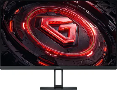 A gaming monitor displaying a red and black abstract graphic.