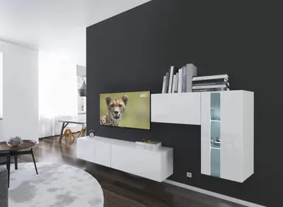 Immagine prodotto di Furnitech Parete attrezzata soggiorno - Mobili da soggiorno con LED RGB - 16 colori - Parete attrezzata moderna - Parete attrezzata soggiorno con mensole e mobile TV (Cholet AN11-18W-HG2 1A)