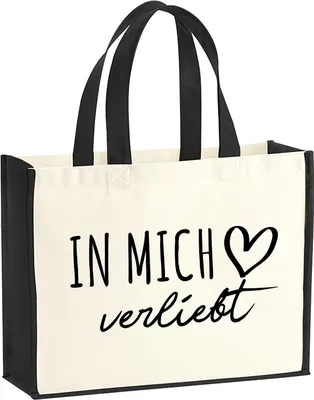 Produktbild von Huuraa Jutetasche In mich verliebt 21 Liter Black Jute und Baumwolle Einkaufstasche Geschenkidee