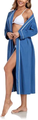 Produktbild von COLORFULLEAF Damen-Morgenmantel, langer Bademantel, leichter Kimono, langärmelig, Damen-Hausmantel, weiche Sauna-Nachtwäsche mit Taschen (Azurblau, S)