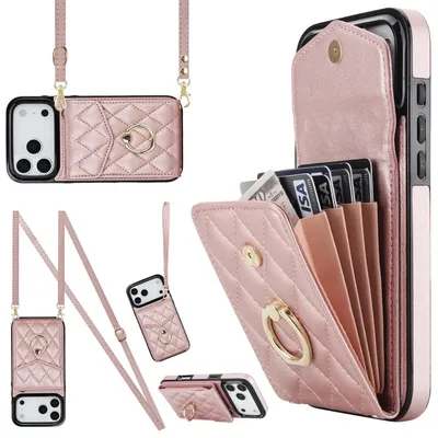 Obrázek produktu pro Crossbody pouzdro z umělé kůže pro Apple iPhone 17 Pro s kosočtvercovým vzorem a pouzdrem na karty RFID Rose Gold