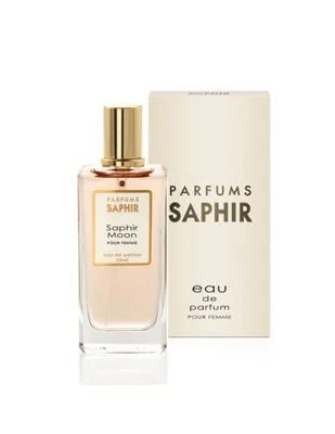 A bottle of Saphir Moon Eau de Parfum and its packaging are displayed against a white background.