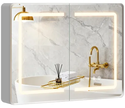 Productafbeelding van HOMCOM Spiegelkast voor de badkamer met LED-verlichting en dubbelzijdige spiegels, zilverkleurig