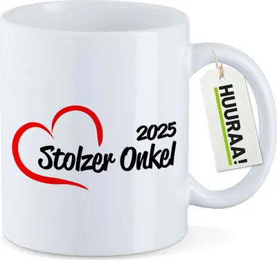 Produktbild von Huuraa Kaffeetasse Stolzer Onkel 2025 Herz 330ml Weiß Keramik Kaffeebecher Geschenkidee