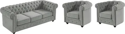 Produktbild von CHESTERFIELD 3-Sitzer-Sofa und 2 Sessel - Hellgrauer Velours