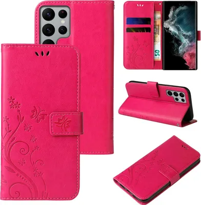 Produktbild von Handyhülle für Samsung Galaxy S23 Ultra Floral Blumen Schmetterling Flip Cover Hülle Case Klapphülle Handytasche Farbe: Pink