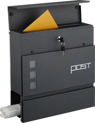 Immagine prodotto di Cassetta postale Relaxdays con scomparto per i giornali, A x L x P: 37 x 37 x 12 cm, ferro, 4 chiavi, cassetta postale con scritta, antracite
