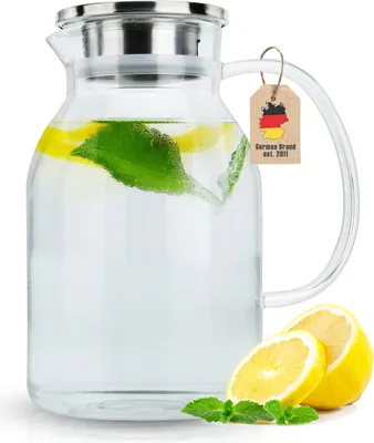 Produktbild von Intirilife Karaffe mit Filter in KLAR - 1,8l Krug aus Glas mit Henkel und herausnehmbarem Filter-Deckel - Hitzebeständig geeignet für heiße und kalte Getränke, Tee, Kaffee, Wasser uvm.