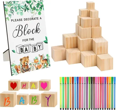 Productafbeelding van Babyshower-spelset - Set van 55 - Babyfeestspelset - 30 bouwblokken - Beschilderen babyparty in 4 maten - 24 acrylverfmarkers en 1 speelbord