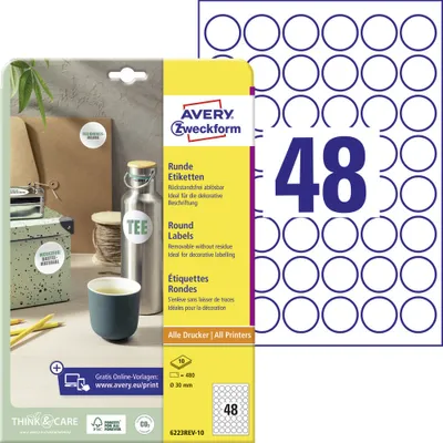 Produktbild von Avery Zweckform 6223REV-10 Runde Etiketten, ablösbar, A4, Ø 30 mm, weiß