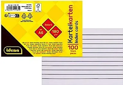 Immagine prodotto di Idena - Schede DIN A6, 100 pezzi foderati, flashcard in cartaMix da 180 g/m² in bianco, per scuola e ufficio