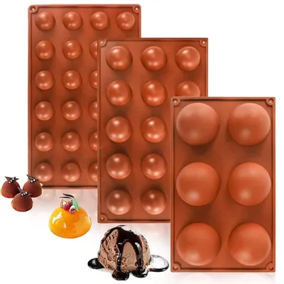 Immagine prodotto di Set di 3 stampi in silicone a forma di semisfera, ideali per torte, cioccolata e gelatine. Diametri: 6,7 cm, 3,7 cm e 2,7 cm