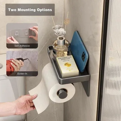 Produktbild von Toilettenpapierhalter mit Ablage und Telefonablage, selbstklebend, Wandmontage, grau