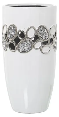 Runde Tischvase mit Ornamenten, Weiß-Silber, 15 x 30 cm, Keramik