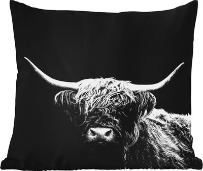 Produktbild von MuchoWow® Outdoor Kissen - Schottisches Hochlandrind - Kuh - Schwarz - Weiß - Tiere - 40x40 cm - Wetterfest - Lounge Kissen - Kopfkissen - Interieur - Polster mit Bild