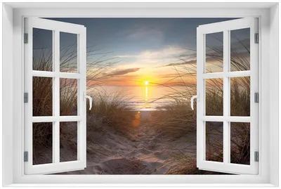 Produktbild von Wallario Premium Glasbild mit Fensterrahmen, freischwebende Optik, kräftige Farben, Größe 60 x 90 cm Motiv Sonnenuntergang am Strand