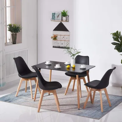 Productafbeelding van Eettafel met 4 stoelen, Scandinavisch design, zwart, 110 cm