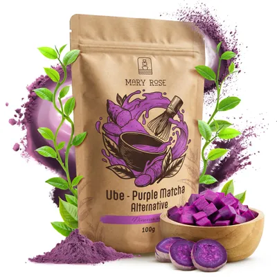 Produktbild von Mary Rose - Purple Matcha Tee Ube Pulver 100g - Lila Yamswurzel - Koffeinfrei - Für Latte, Gebäck - Lebensmittelfarbstoff - Vanille-Nuss-Geschmack