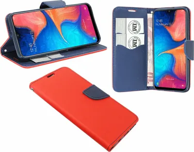 Produktbild von cofi1453® Buch Tasche Fancy für SAMSUNG GALAXY A20e (A202F) Handy Hülle Etui Brieftasche Schutzhülle mit Standfunktion, Kartenfach Rot-Blau ( 2-Farbig )