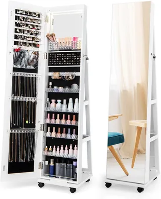 Produktbild von GOPLUS Schmuckschrank mit Ganzkörperspiegel, Spiegelschrank Schmuck mit Beleuchtung & Ablage, Schmuckaufbewahrung mit Rollen, abschließbarer Schmuck-Organizer für Schlafzimmer, Ankleideraum (Weiß)