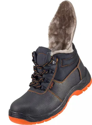 A single black winter work boot with orange accents and a furry lining is shown against a white background.