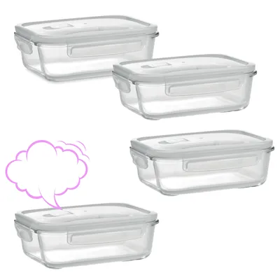 Four glass food storage containers with white lids are arranged in a grid formation against a white background. A pink speech bubble graphic is placed to the left of the bottom-left container.