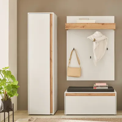 Produktbild von Garderoben Set in weiß mit Eiche CRISP-61, 3-teilig modern