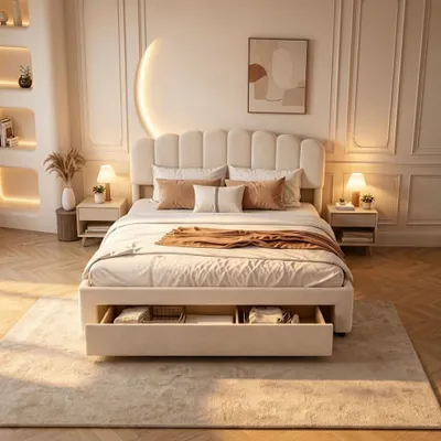 Produktbild von SUNFECILI Polsterbett 140x200 cm,Bett mit Schubladen,mit Lattenrost,Weicher Rückenlehne und Kopfteil,USB,Doppelbett,Jugendbett,Teddyfleece,Beige
