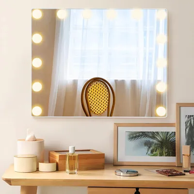 Produktbild von COSTWAY Hollywood Spiegel mit 14 dimmbaren LED-Leuchten, 3 Lichtfarben, 2-in-1 Tischspiegel & Wandspiegel mit Metallständer, Schminkspiegel Kosmetikspiegel mit Smart-Touch-Steuerung, 50 x 18 x 43 cm