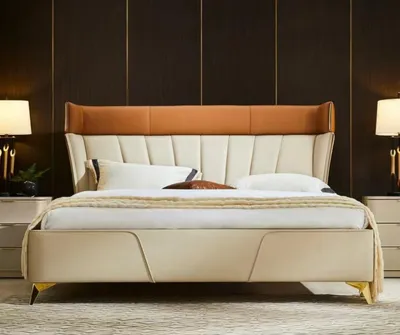 Produktbild von Schlafzimmer Beiges Doppelbett Lederbetten Holzgestell Textil Möbel