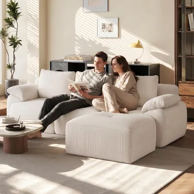 Imagen del producto de REMZETTA: Sofá modular de esquina con otomana, 264 cm de ancho, sofá de cuerda color beige para sala de estar, diseño de sala flexible con cojines suaves, no requiere montaje