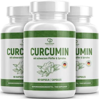 Produktbild von Green Nutrition Curcumin Kapseln mit Kurkuma Extrakt und Piperin - 90 vegane Kapseln - 3x