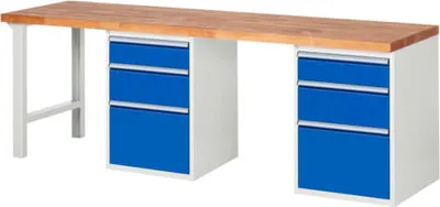 Produktbild von Werkbank mit 6 Schubladen - Teilauszug - 150:2 / 210:2 / 360:2 - 890 x 2.500 x 700 mm (HxBxT) - Traglast 1.000 kg - Buche