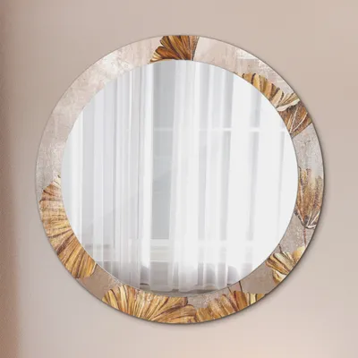 Produktbild von Runder Spiegel mit Modernem Aufdruck - Dekospiegel Wandmontage -golden Blätter- Ø80cm
