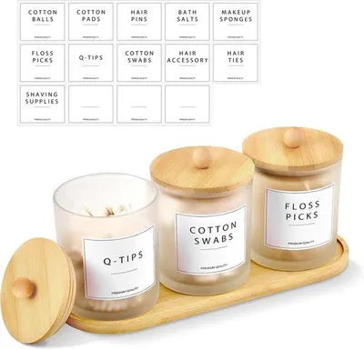 Productafbeelding van Unyqoos® Glazen opbergset – 4-delig met roestvrijstalen deksels, geschikt voor badkamer en make-uptafel. Organizer voor wattenstaafjes, wattenschijfjes en make-upkwasten
