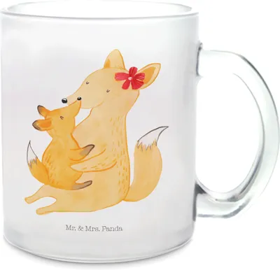 Produktbild von Mr. & Mrs. Panda Henkelbecher Fuchs Mama - Transparent - Geschenk, Trinkglas, Teetasse, Muttertag, Glasbecher, Schoß, Umarmen, aus Glas, Tee Tasse, Mutter