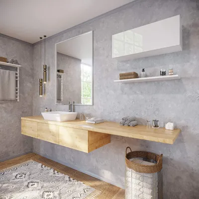 A modern bathroom with a floating vanity, sink, mirror, and shelves.