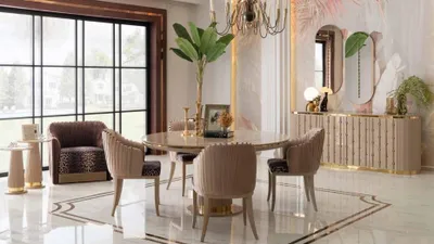 Produktbild von Essgarnitur Esstisch 4 Stühlen Sideboard Spiegel Essgruppe Esszimmer Set 8tlg