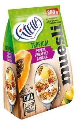 Produktbild von Fitella Müsli, knusprig, tropische Variante mit Papaya, Ananas, Banane und Chiasamen, 300g