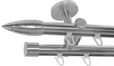 Produktbild von Innenlauf Gardinenstange Edelstahl Look, Durchmesser 20mm, Deckenträger D40, 2-läufig, Länge 280, Endkappe E81