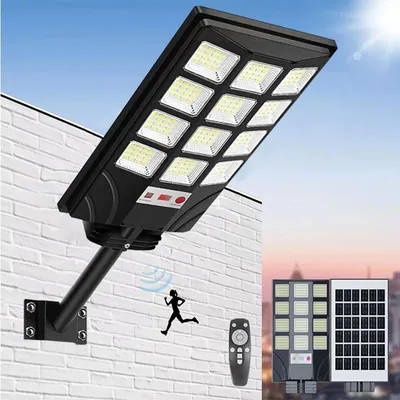 Zdjęcie produktu dla Zewnętrzna lampa uliczna na energię słoneczną – lampa uliczna LED (1 szt.) – akumulator 5400 mAh – wodoodporna – czujnik od zmierzchu do świtu – pilot zdalnego sterowania – światło zimnobiałe